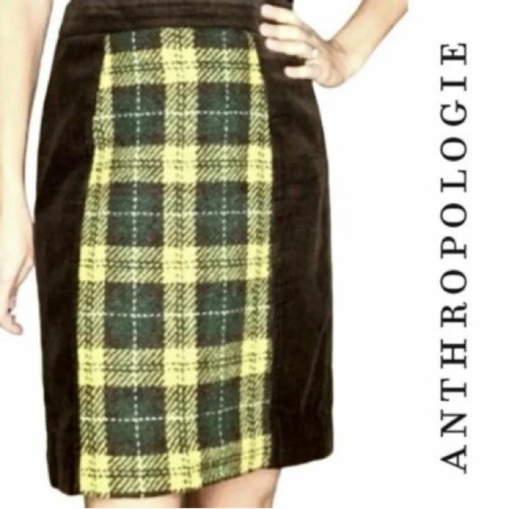 Anthropologie Maeve Brown Corduroy Skirt Green Plaid Wool Panel Size 4